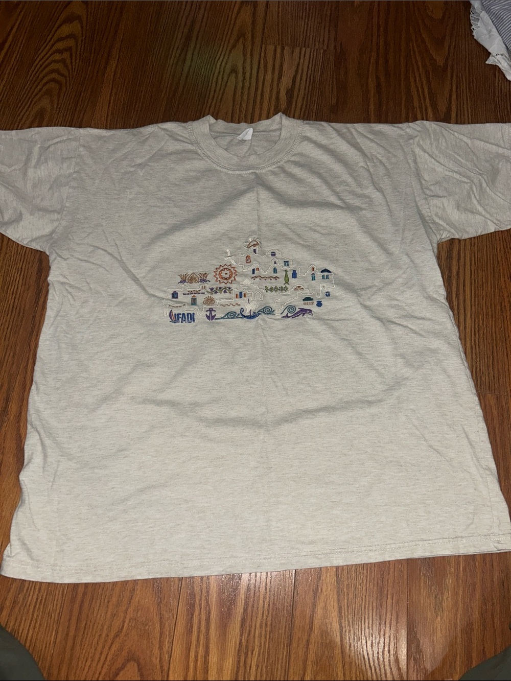 Vintage 80s Embroidered Greece Souvenir Mediterranean Village Architecture Sz XL